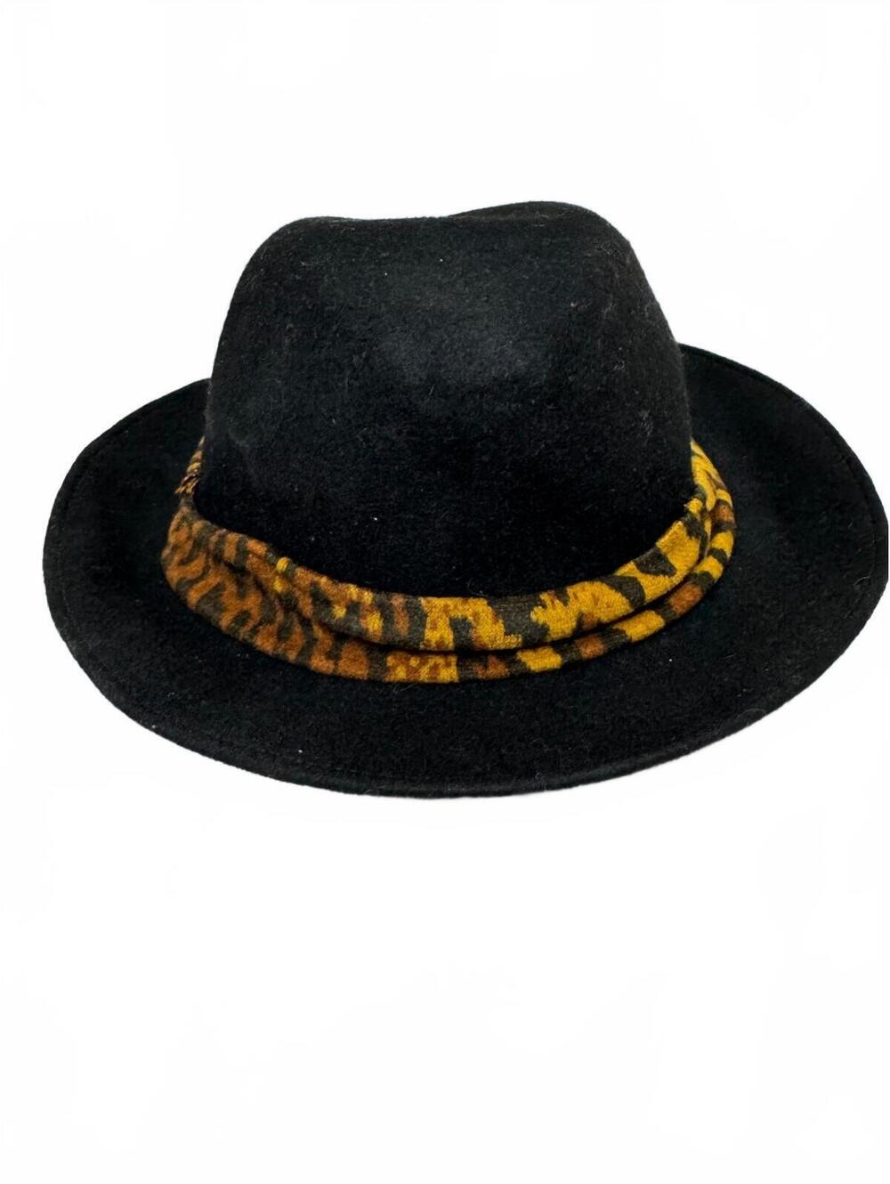 100% Wool Fedora Hat Made in Italy Black Leopard Band Size L